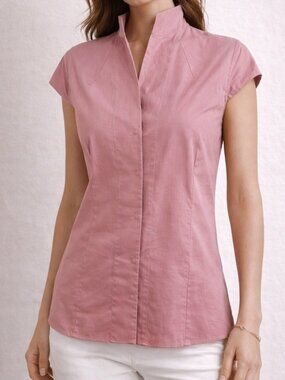 Akris Rose Pink Cotton Voile Snap Front Blouse Mandarin Collar Size 10